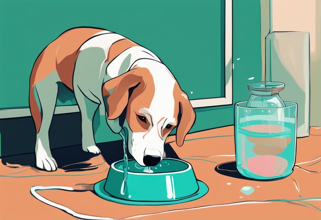 Modern digital painting of a vibrant dog drinking from a water bowl with teal color theme and dog-specific electrolytes packet nearby.