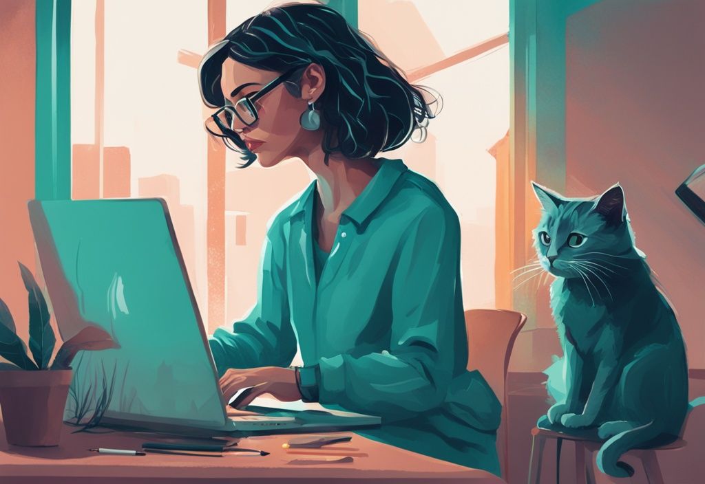 Modern digital painting of a woman working on a laptop at home, with a persistent cat seeking attention on the keyboard, illustrating the theme "why won't my cat leave me alone" in a teal color scheme.