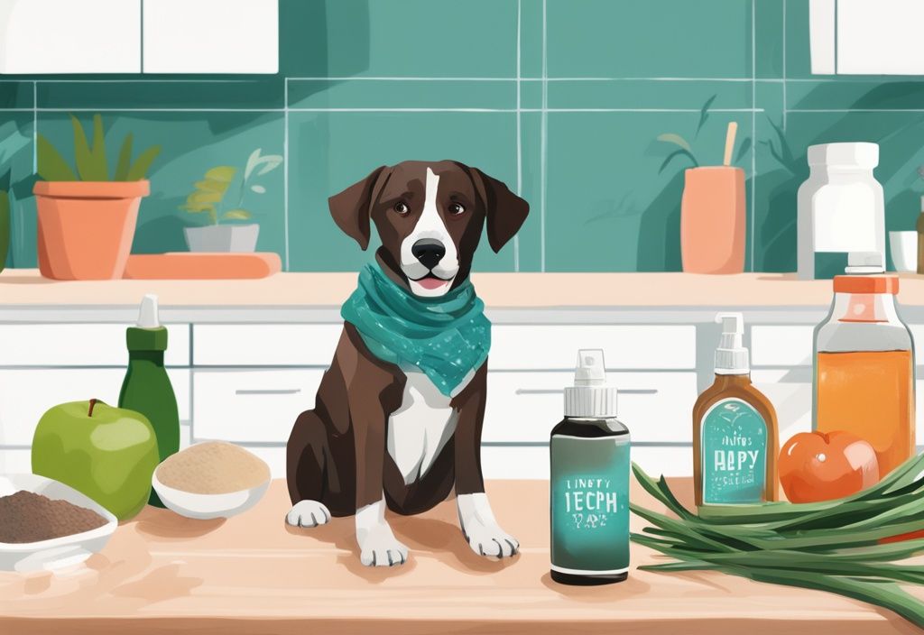 Digital painting of natural ingredients like aloe vera, rosemary, and apple cider vinegar on a kitchen counter with a homemade spray bottle and a happy dog in the background, teal color theme.