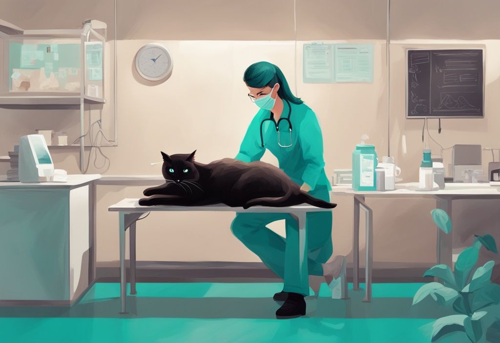 Modern digital painting of a cat on a vet table with a veterinarian in a teal-themed professional setting.