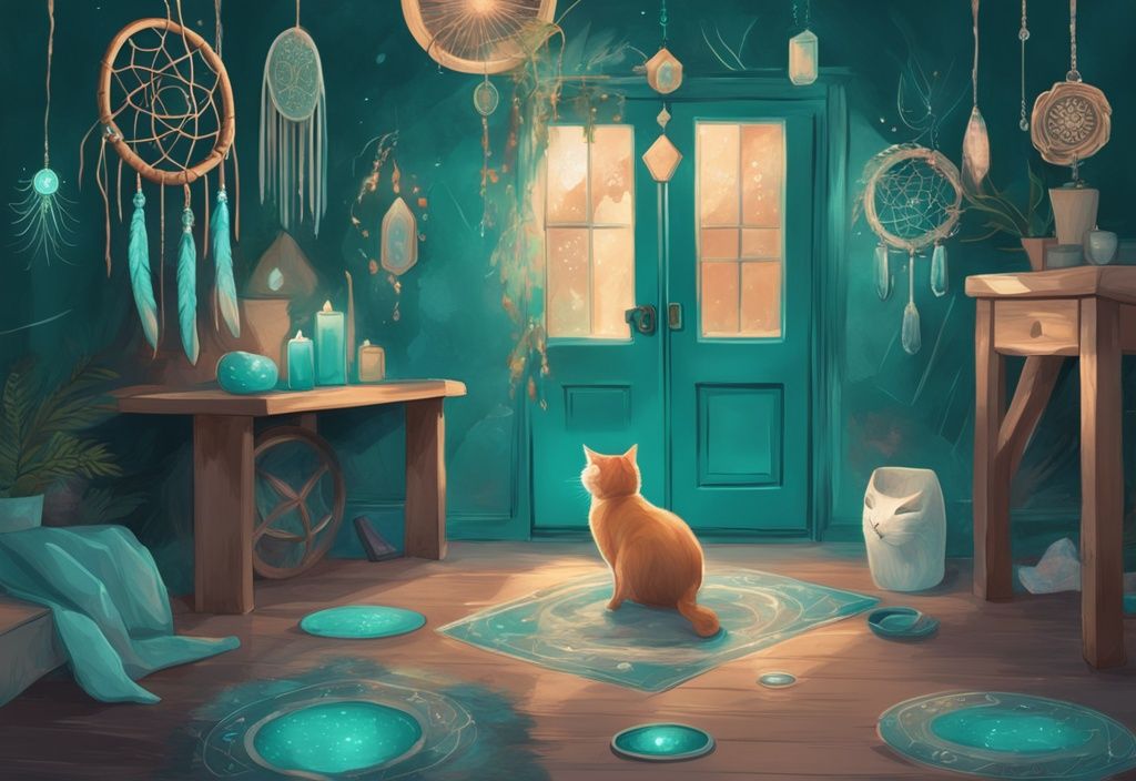 Modern digital painting of a teal-themed cat visiting a quaint house with dreamcatchers, crystals, and glowing mystic paw-prints.