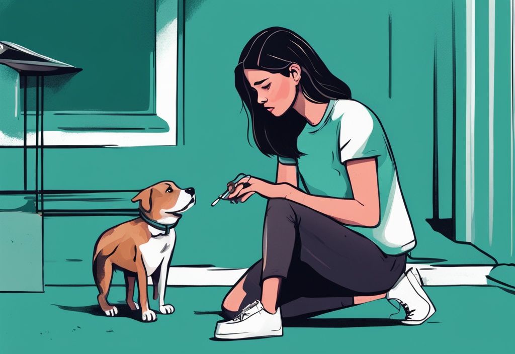 Modern digital painting of a concerned pet owner observing her dog's abnormal behaviors, including excessive marking and increased aggression, with a teal color theme.